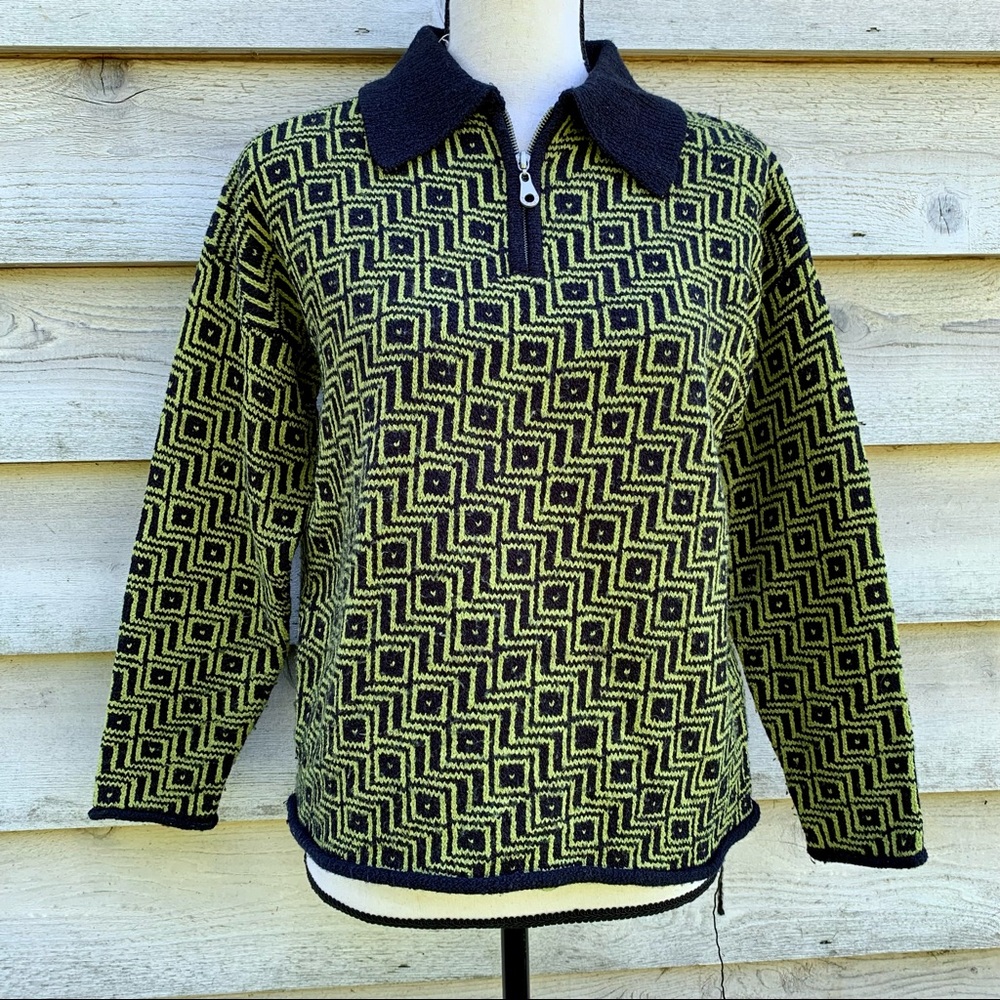 Vintage Express Tricot Jacquard Print Long Sleeve Collared Quarter Zip Sweater
